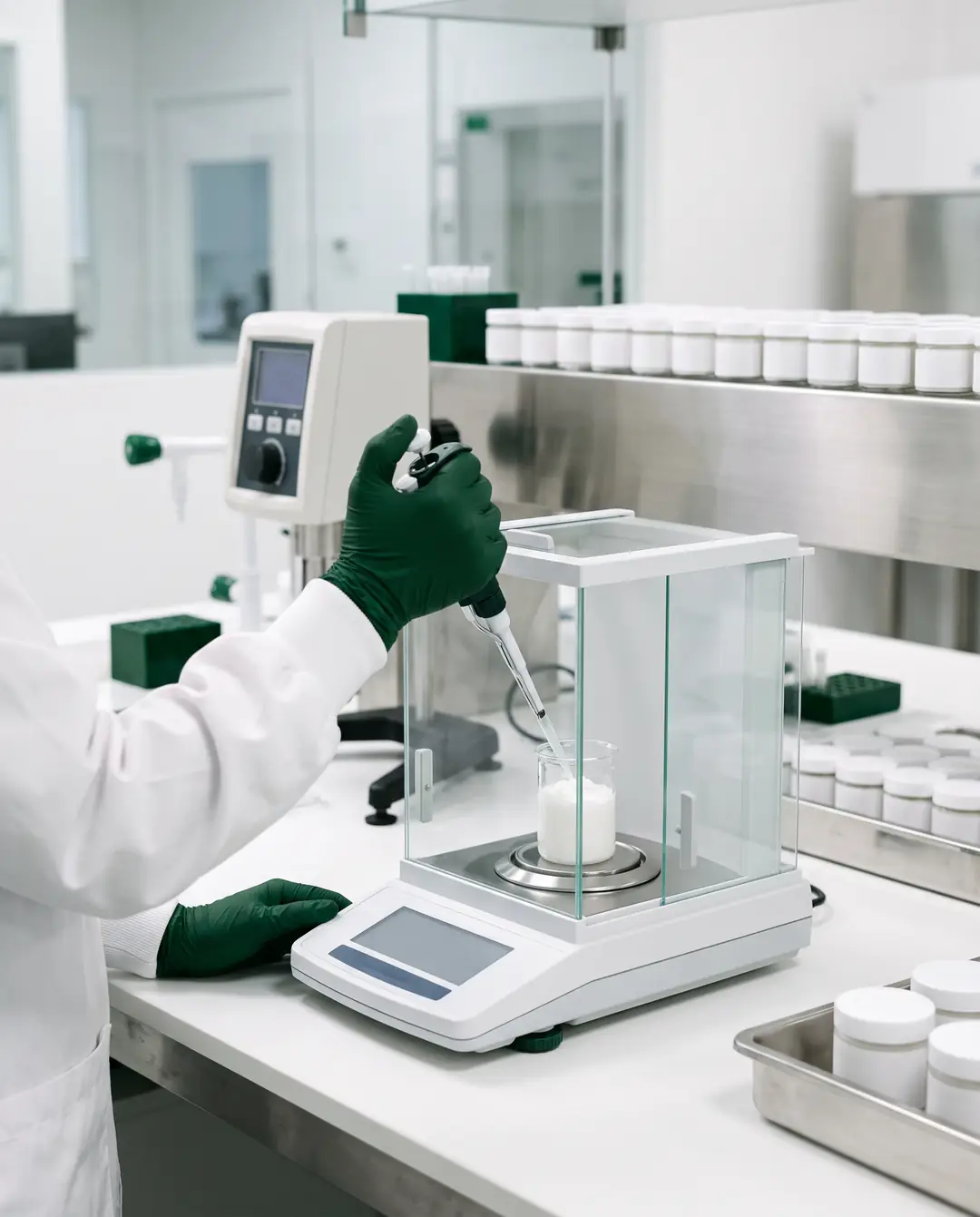 Dosificación de un ingrediente con micropipeta sobre una balanza analítica