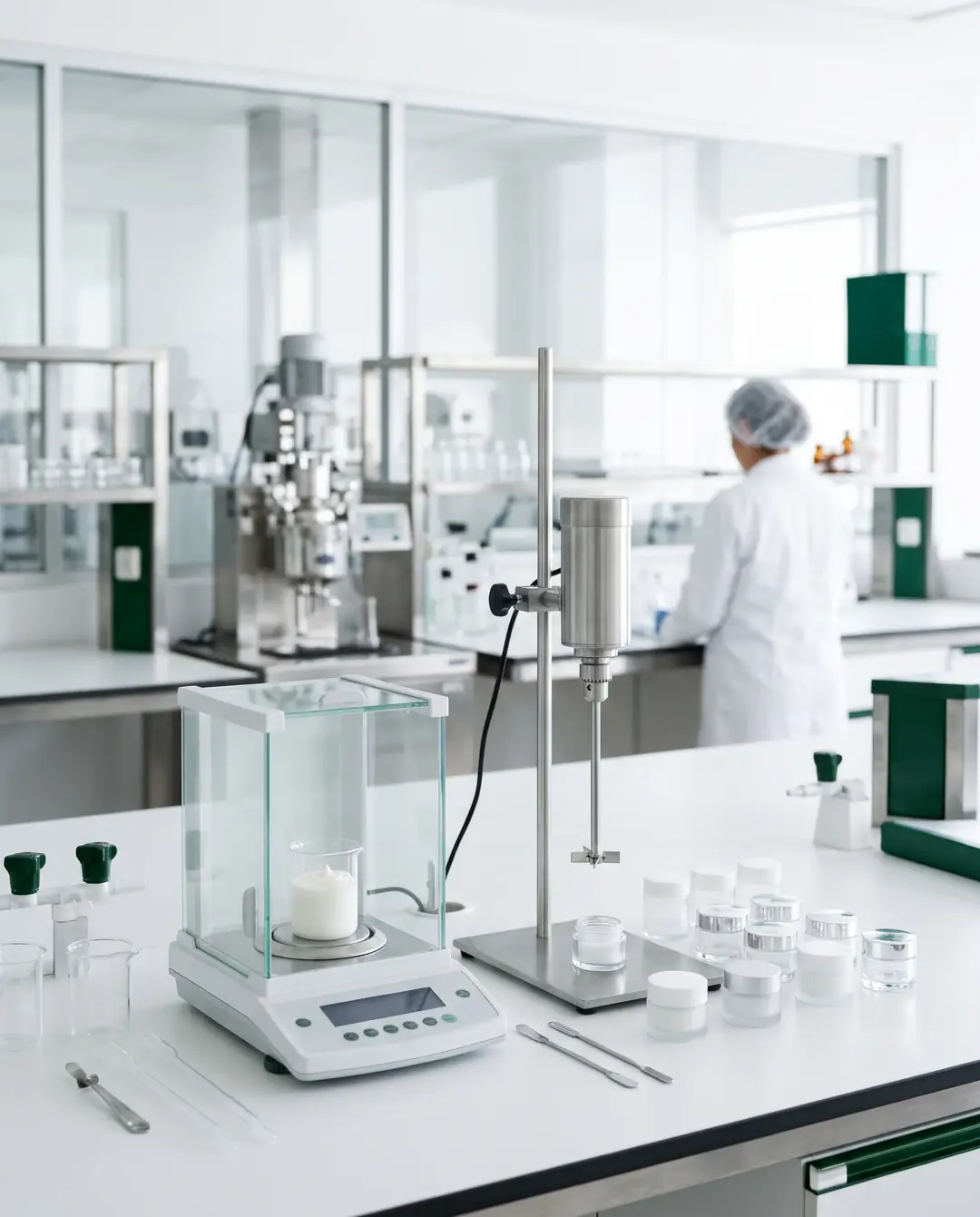 Mesa de investigación y desarrollo con balanza analítica, homogeneizador y frascos de muestra