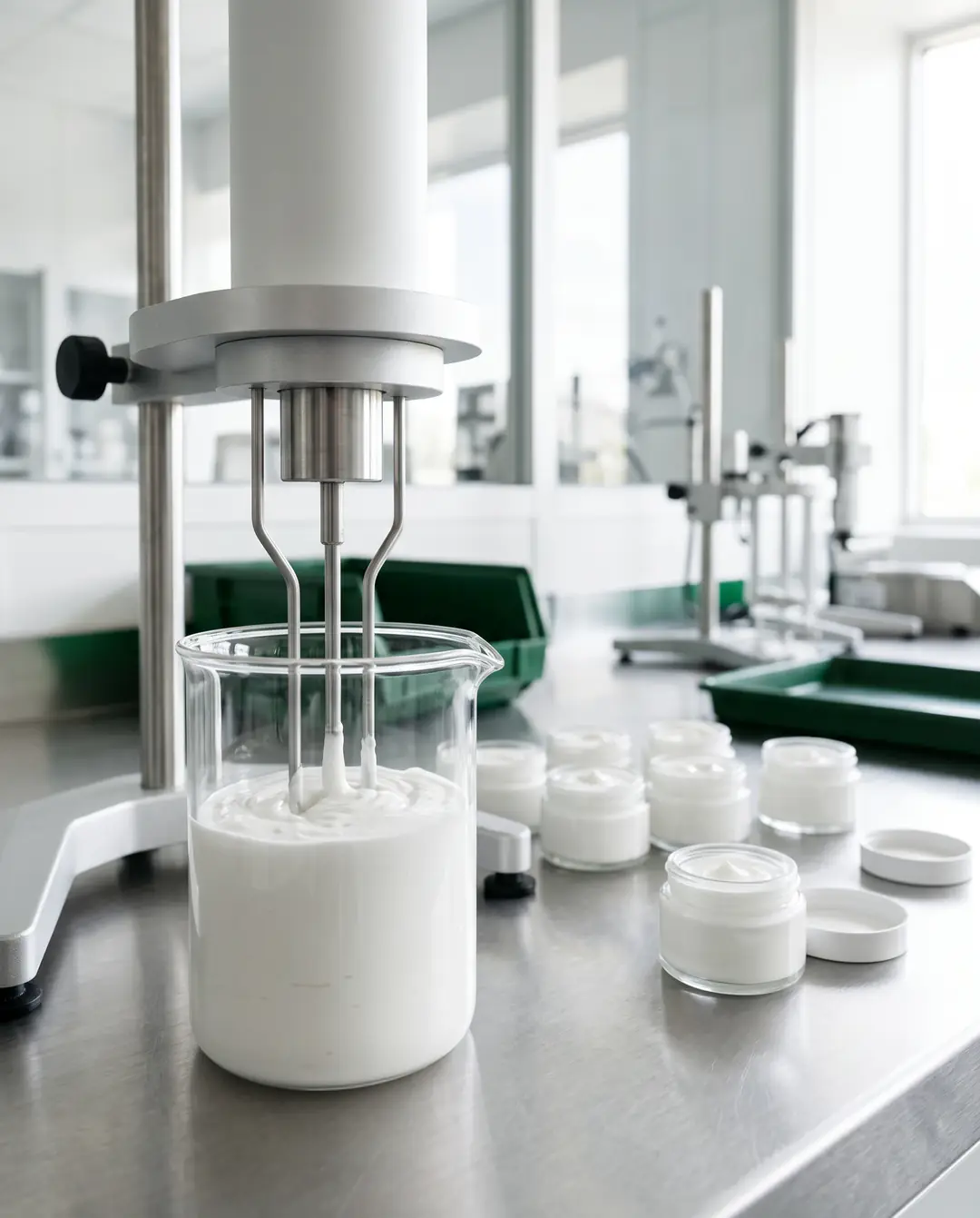 Homogeneizador formando un vórtice en una emulsión blanca junto a frascos recién llenados