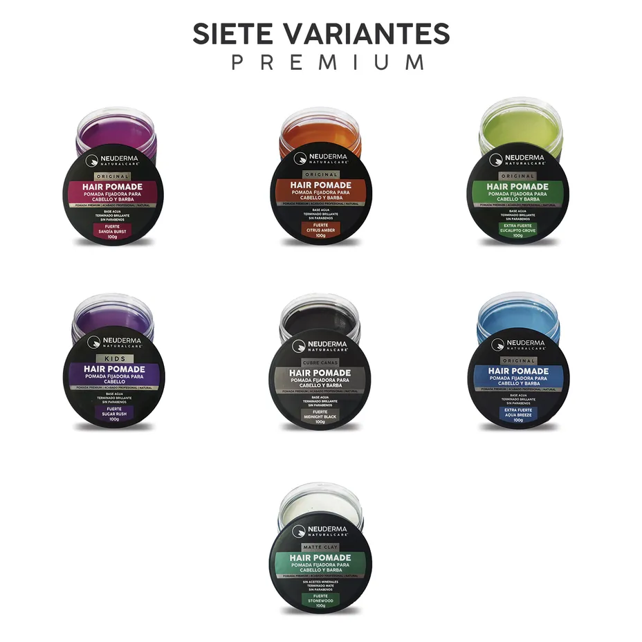 Siete variantes de pomada fijadora para cabello y barba Neuderma Naturalcare, base agua, alto fijado y sin residuos grasos, presentación de 100 g